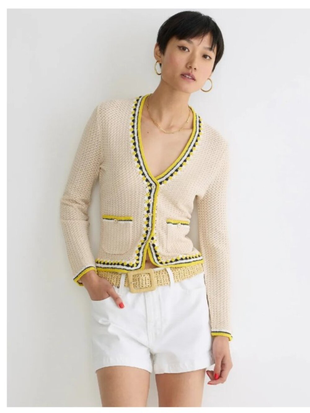 J. Crew Cream Crochet Cardigan in Supersculpt Yarn w/ Contrast Trim - Size L